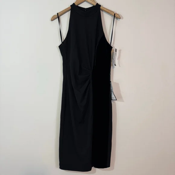 BETSY & ADAM Mariana Short Halter Crepe & Velvet Slit Cocktail Dress Black 6 - Picture 3 of 8